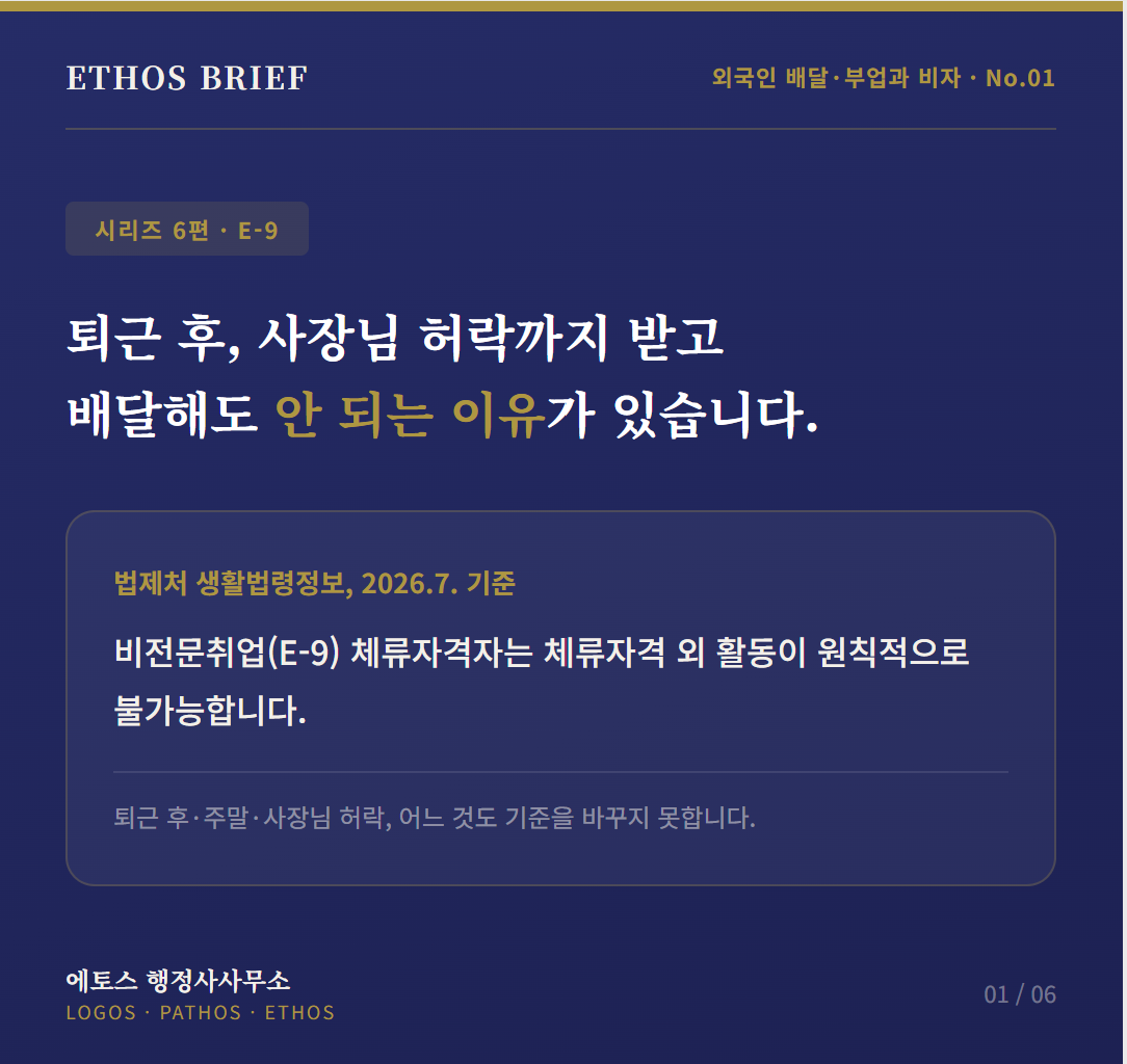 E-9 외국인 근로자, 퇴근 후 배달 알바하면 불법인가요? 표지